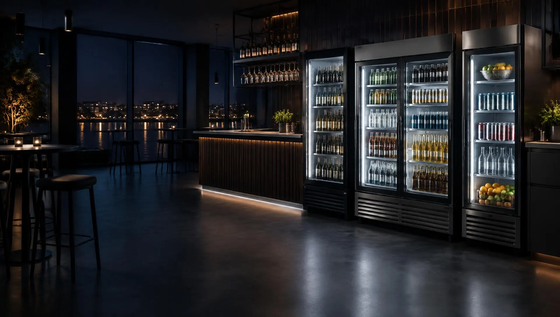 Oplyste glaskøleskabe i en bar